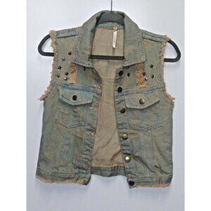 NWOT Biker Denim vest Grunge Hipster Studded Distressed Western blue orange NEW